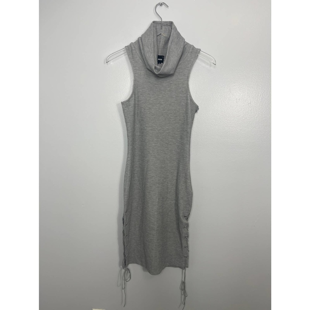 NUDE Bodycon Gray Cowl Turtle Neck Lace Up Medium NWT